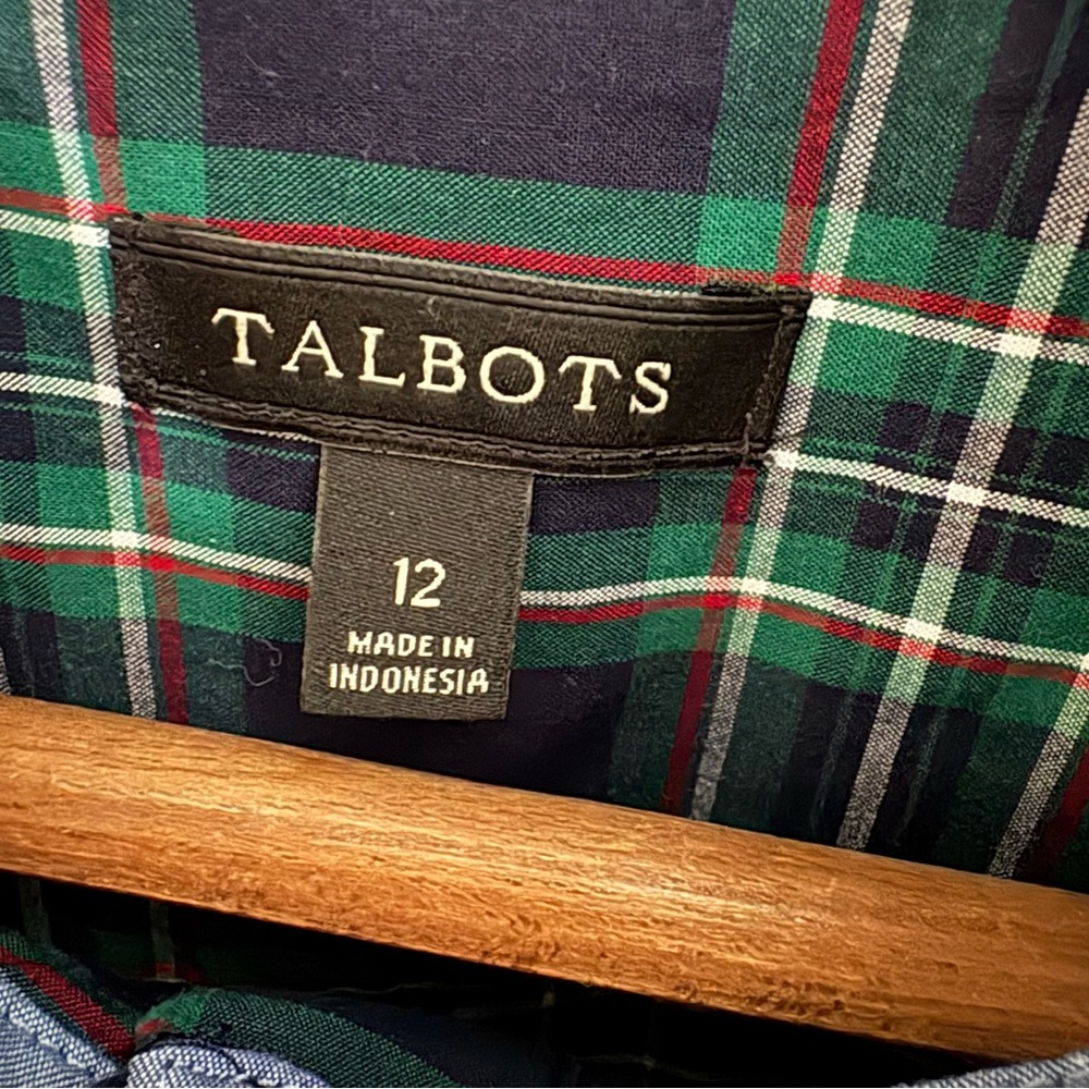 Talbots Green Blue Plaid Button Down Blouse Top 12 Ruffle High Neck Modest Fall - Picture 15 of 15